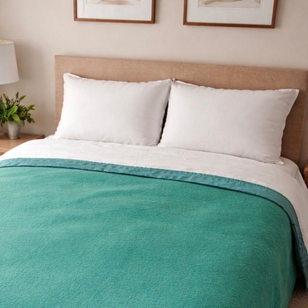 Vintage Kenwood Ramcrest Wool Blanket Green Satin Trim Made in Canada